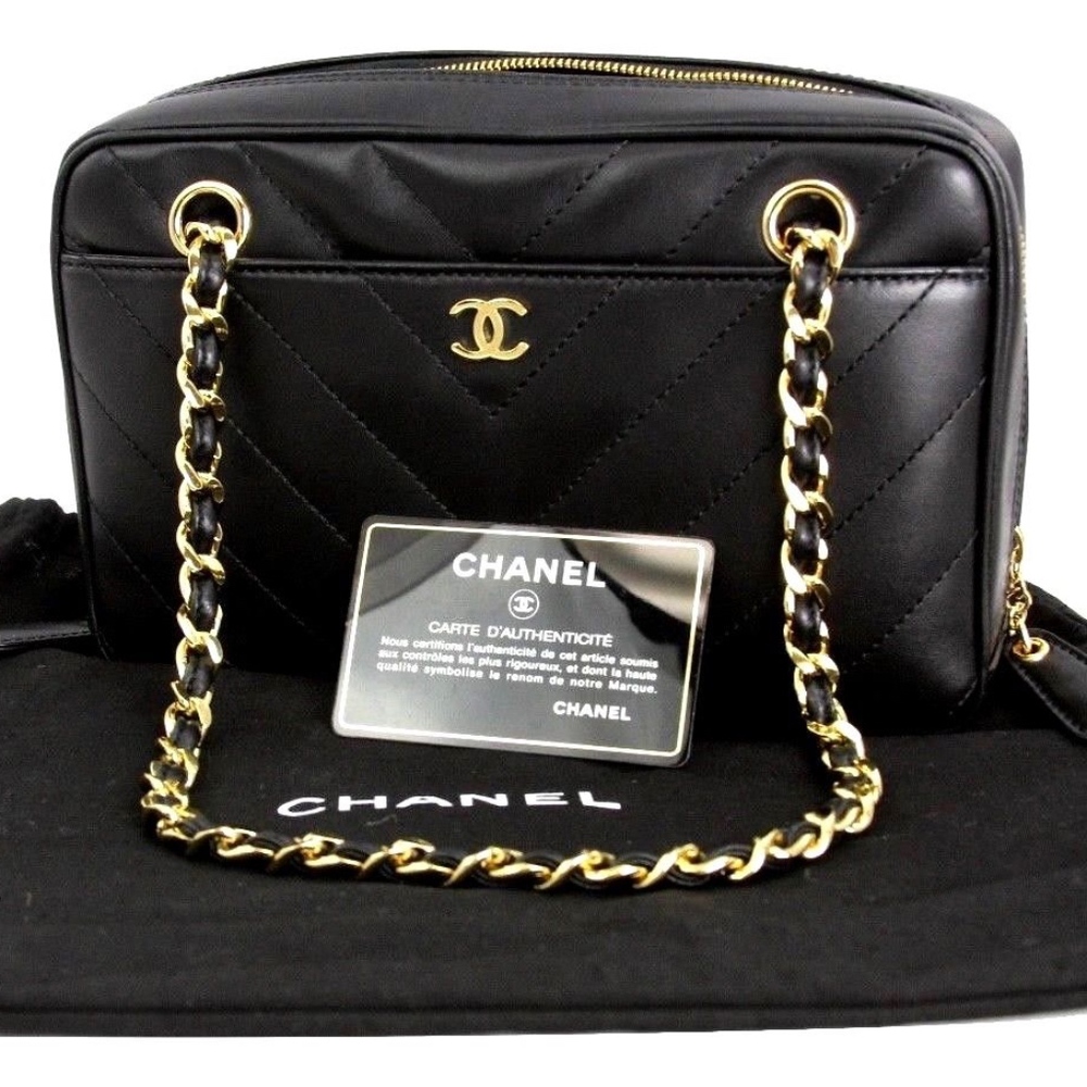 CHANEL Camera Case Black Chevron Lambskin Handbag